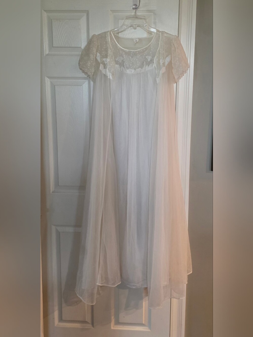 Vtg Movie Star Nylon Chiffon Lace Sheer Ivory Robe Gown Set Bridal Wedding Small